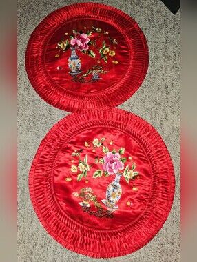 Vintage Bai Hua Silk Chinese Embroidered Round Pillow Covers Set of 2 Floral